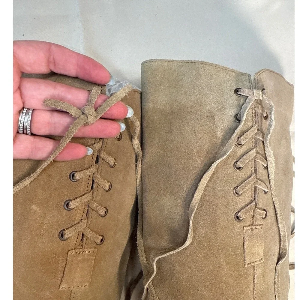 BX by Bronx Women Tan Suede Tall Lace Up Boots Size 8.5 Taupe Boho Low Heel